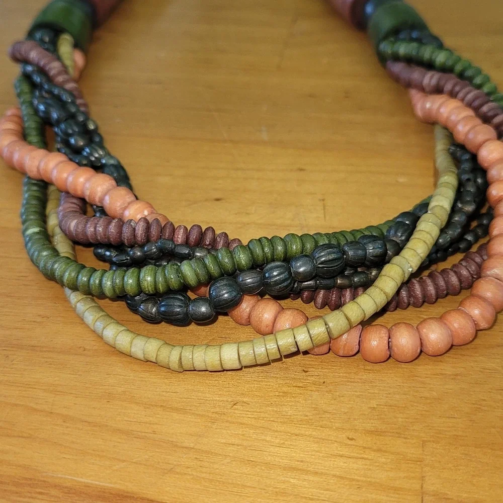 Chunky Multi Strand Wood Bead Necklace Earth Tone Boho Statement 23 Inch vtg